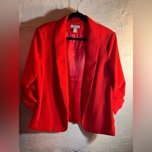 H&M Red Blazer NWOT ruched sleeves pockets open holiday loose fit XL career wear